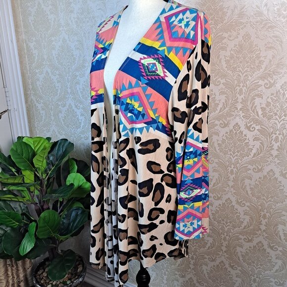 Kimono Open Front Southwestern/Leopard Print Shirttail Hem One Size Long Sleeve - Picture 5 of 10